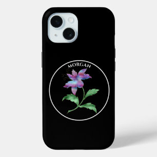 Iriserende bloem, zwarte cirkel op zwart, naam iPhone 15 case