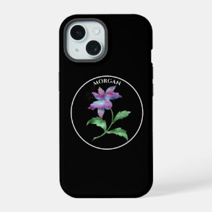Iriserende Bloem, Zwarte Cirkel op Zwart, Naam iPhone 15 Case