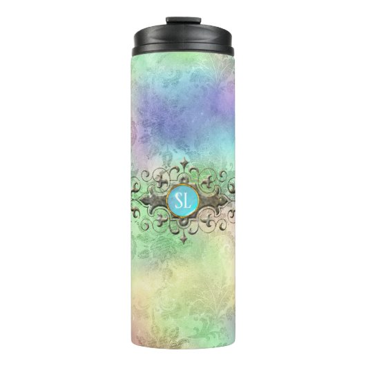 Iriserende Damast Monogram Edelsteen Thermosbeker (Voorkant)