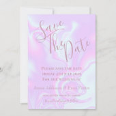 Iriserende eenhoorn huid namaak holografische text save the date (Voorkant)