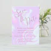 Iriserende eenhoorn huid namaak holografische text save the date (Staand voorkant)