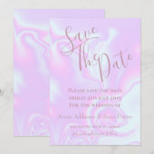 Iriserende eenhoorn huid namaak holografische text save the date (Voorkant / Achterkant)