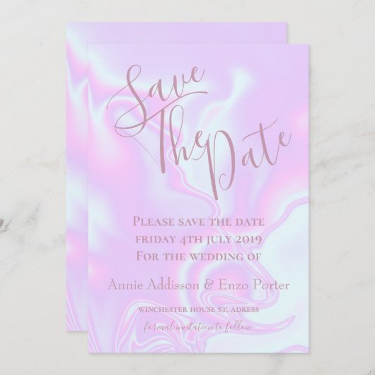 Iriserende eenhoorn huid namaak holografische text save the date (Voorkant / Achterkant)