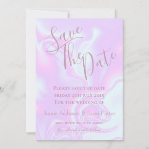 Iriserende eenhoorn huid namaak holografische text save the date