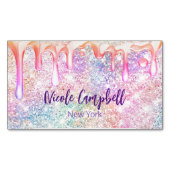 Iriserende eenhoorn roze faux glitter druppel magnetisch visitekaartje (Voorkant)