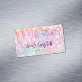 Iriserende eenhoorn roze faux glitter druppel magnetisch visitekaartje (Voorbeeld)