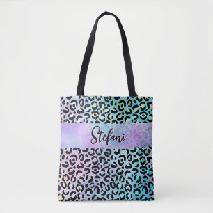 Iriserende Folie Regenboog Leopard Paarse Tote Bag