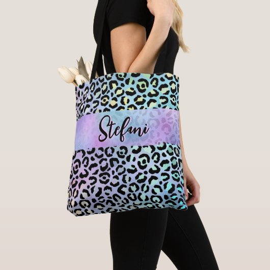 Iriserende Folie Regenboog Leopard Paarse Tote Bag (Dichtbij)