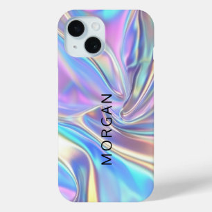Iriserende glanzende metaalstof, grote zwarte naam iPhone 15 case
