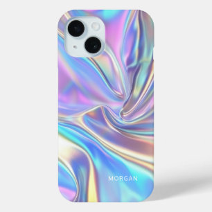 Iriserende glanzende metaalstof, kleine witte naam iPhone 15 case