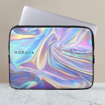 Iriserende glanzende metaalstof, naam laptop sleeve<br><div class="desc">Een blauwgroen,  gouden en paarse iriserende,  glanzende metallic stof met zwarte naam.</div>
