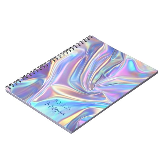 Iriserende glanzende metaalstoffendatum, scriptnaa notitieboek (Linkerzijde)