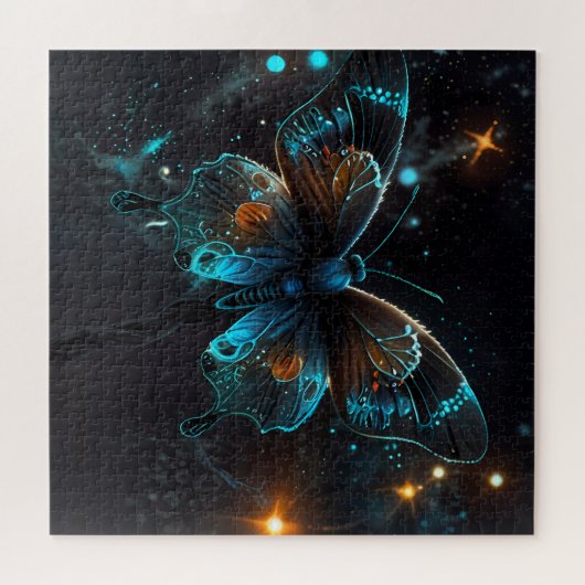 Iriserende gloed van een levendige blauwe vlinder legpuzzel (Horizontaal)