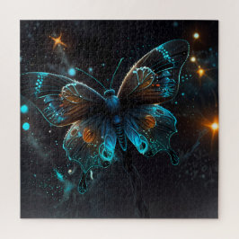 Iriserende gloed van een levendige blauwe vlinder legpuzzel