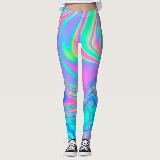 Iriserende Holografische: Neon gemarmerde textuur Leggings (Voorkant)