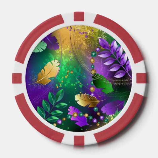 Iriserende mardi gras achtergrond met kralen poker chips (Voorkant)