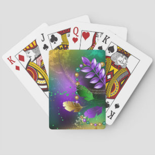 Iriserende mardi gras achtergrond met kralen pokerkaarten
