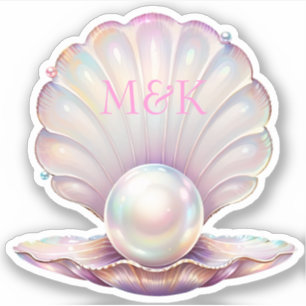  iriserende parel schelpvormige roze monogram sticker