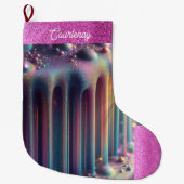 Iriserende regenboogkleuren gepersonaliseerde glit grote kerstsok (Voorkant)