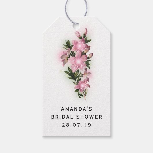 Iriserende roze bloemen en kant cadeaulabel (Voorkant)