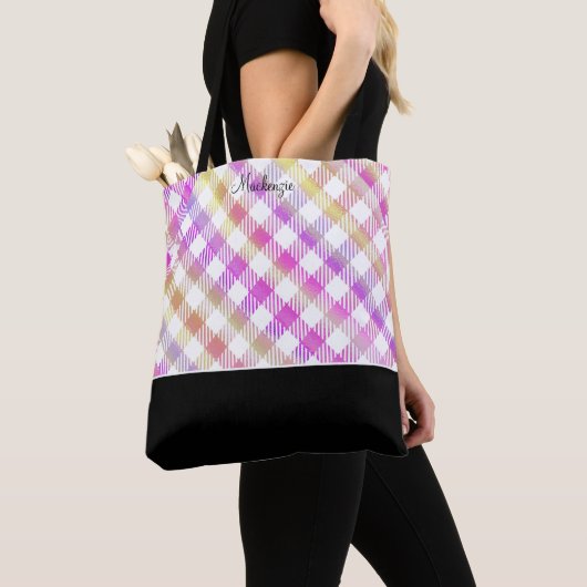 Iriserende roze geruite patroon met monogram tote bag (Dichtbij)