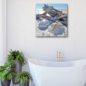 Iriserende schelpen Zeesterren Driftwood Wit Zand Poster