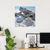 Iriserende schelpen Zeesterren Driftwood Wit Zand Poster (Thuiskantoor)