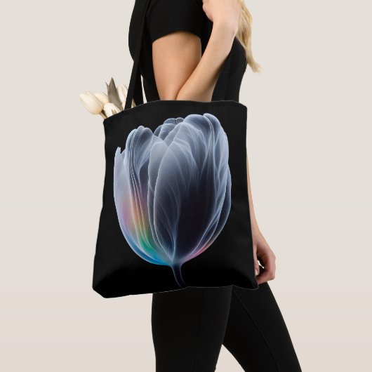 Iriserende tulp op zwart tote bag (Dichtbij)