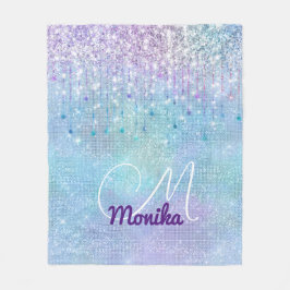 Iriserende Turquoise Zilveren Faux Glitter Monogra Fleece Deken