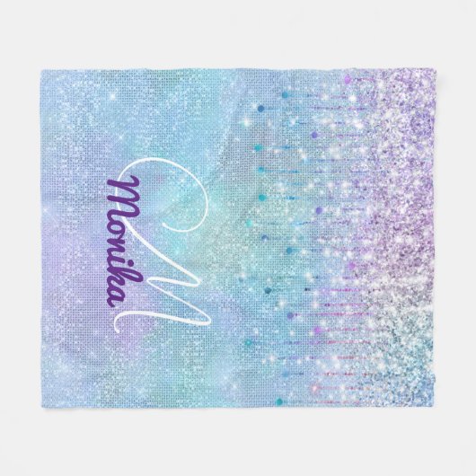 Iriserende Turquoise Zilveren Faux Glitter Monogra Fleece Deken (Voorkant (Horizontaal))