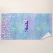 Iriserende Turquoise Zilveren Faux Glitter Monogra Strandlaken (Voorkant)