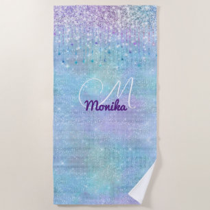 Iriserende Turquoise Zilveren Faux Glitter Monogra Strandlaken