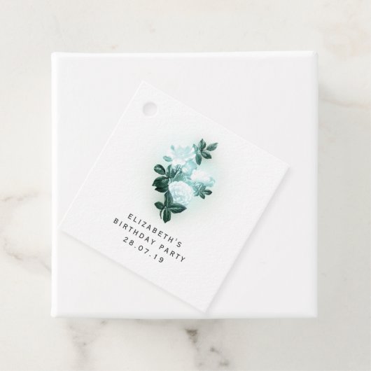 Iriserende witte rozen en Blauwgroen kant Bedankjes Labels (In situ)