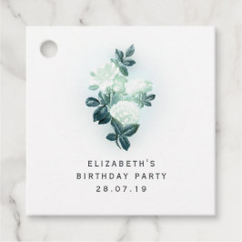 Iriserende witte rozen en groene kant bedankjes labels