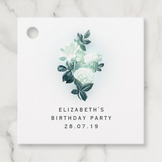 Iriserende witte rozen en groene kant bedankjes labels (Voorkant)