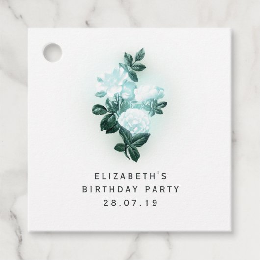 Iriserende witte rozen en turquoise kant bedankjes labels (Voorkant)