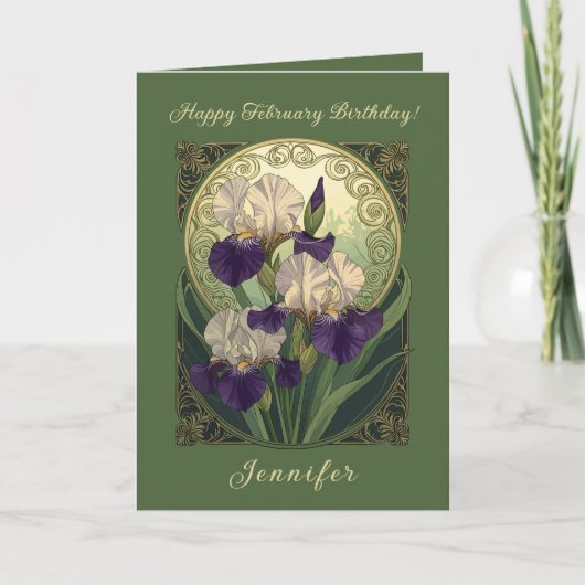 Irises February Birthday Flowers Art Nouveau Style Kaart (Voorkant)