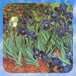 Irises van Vincent van Gogh,  tuinkunst Vierkante Sticker<br><div class="desc">Irises (1889) van Vincent van Gogh is een kunstschilderij van het impressionisme, een landschapsschilderij met een tuin met paarse, bebaarde irissen die door oranje papavers worden geteeld. Een enkele witte irisbloem bloeit aan de rand. Over de kunstenaar: Vincent Willem van Gogh (1853-1890) was een van de beroemdste Post Impressionist schilders...</div>