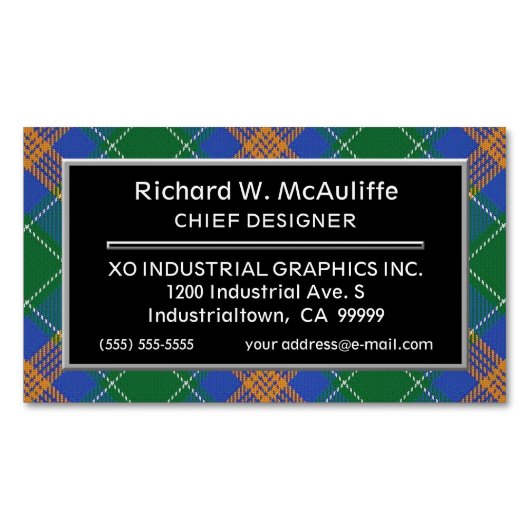 Irish Accent Clan MacAuliffe McAuliffe Tartan Magnetisch Visitekaartje (Voorkant)