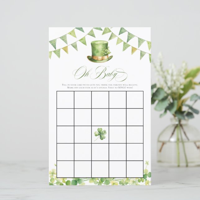 Irish Baby Shower Bingo Green Shamrock Card (Staand voorkant)