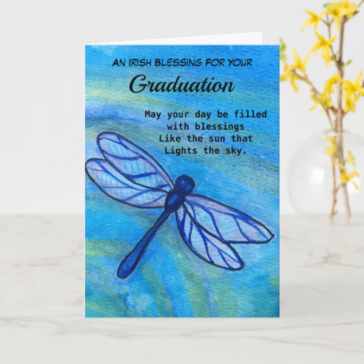 Irish Blessing Afstuderen Brave Blue Dragonfly Kaart (Gele Bloem)