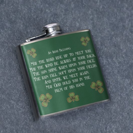 Irish Blessing en Shamrocks Donkergroen Heupfles
