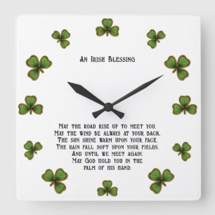 Irish Blessing en Shamrocks zwart en groen Vierkante Klok