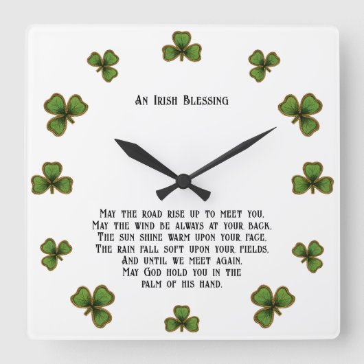 Irish Blessing en Shamrocks zwart en groen Vierkante Klok (Voorkant)