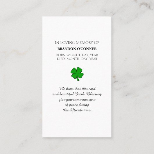 Irish Blessing Memorial in de kleuren blauw en gee Visitekaartje (Achterkant)