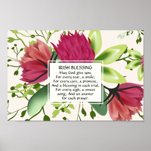 Irish Blessing Red Pink Green Clover Floral Poster (Voorkant)