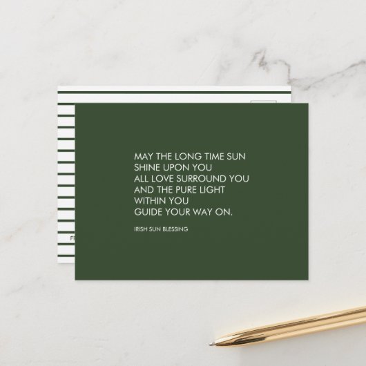 Irish Blessing Sage Green & White Stripe Modern Briefkaart (Voorkant / Achterkant in situ)