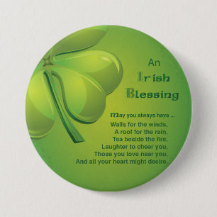 Irish Blessings Green Shamrock, Keltic Ronde Button 7,6 Cm