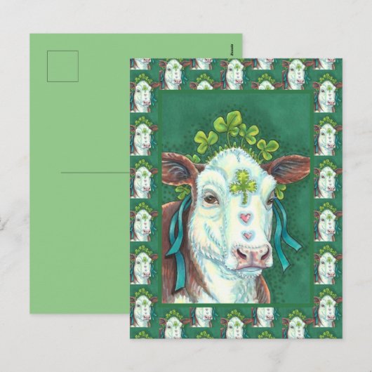 IRISH BRED ST. PATRICK'S DAG HOGER, SHAMROCK-KOE FEESTDAGENKAART (Voorkant / Achterkant)