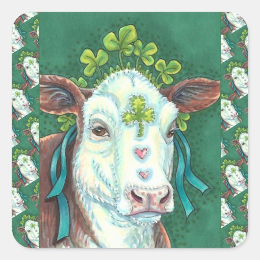 IRISH BRED ST. PATRICK'S DAG HOGER, SHAMROCK-KOE VIERKANTE STICKER (Voorkant)